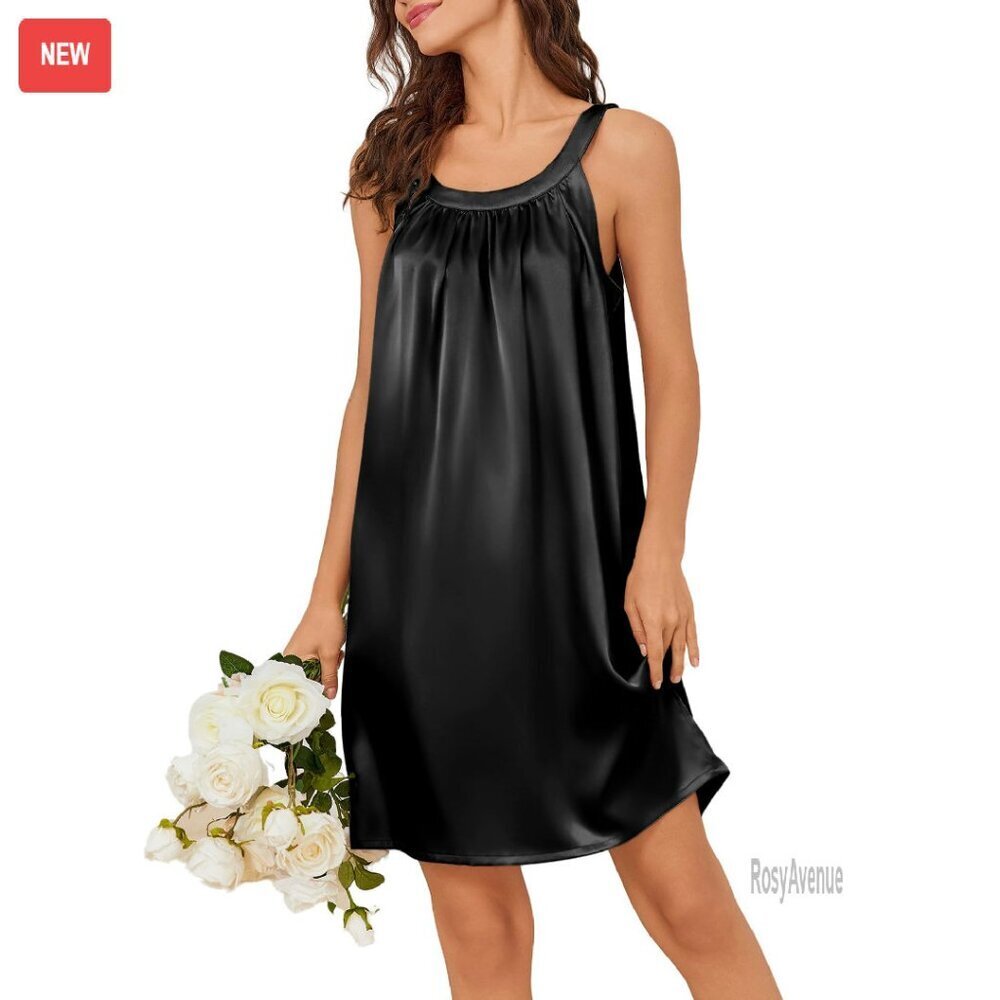 Silky Satin Nightgown Sleeveless Sleepwear Pleated Tank Dress S-XXL